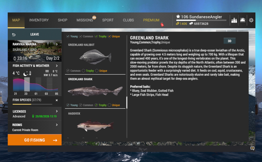 Greenland Shark in-game info and preferred baits in Fishing Planet at Skarland Fjord