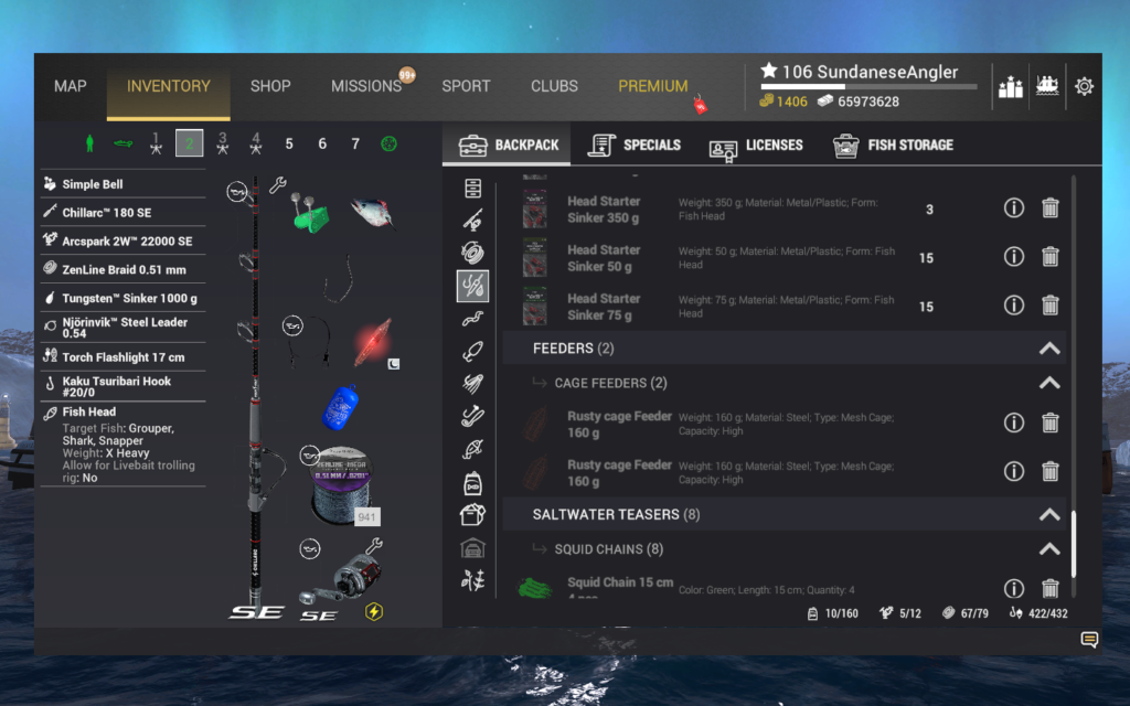 Heavy deep water rig inventory for Greenland Shark in Fishing Planet showing Chillarc 180 SE and 1000g sinker