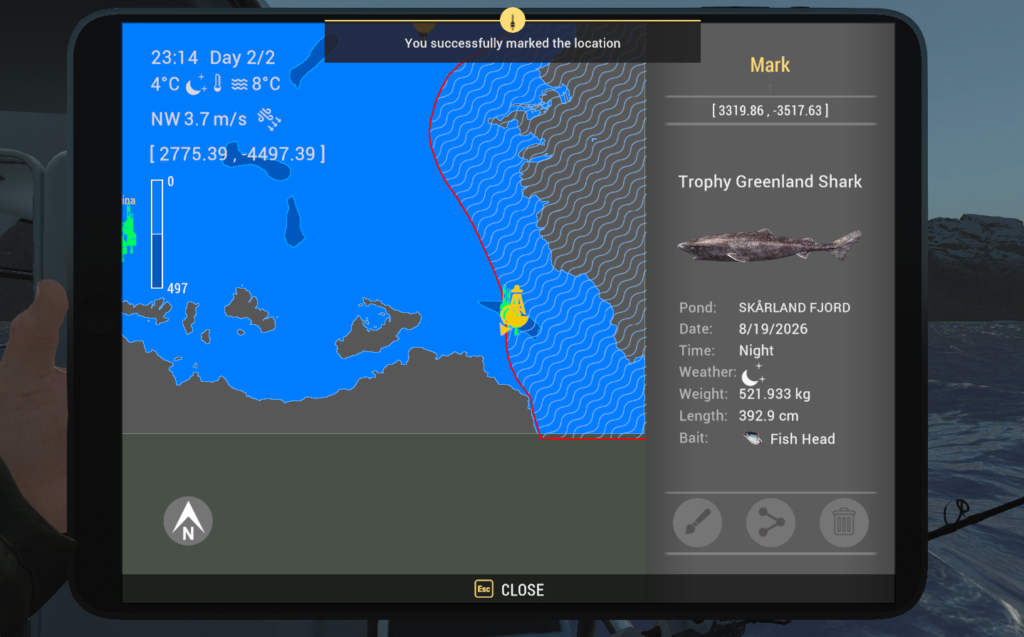 Skarland Fjord map showing Greenland Shark catch location in the eastern deep water in Fishing Planet