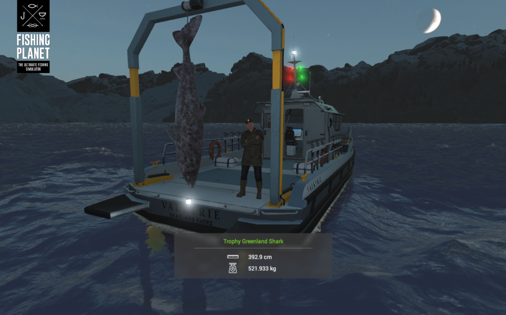 Greenland Shark hanging from the Valkyrie crane at night in Fishing Planet at Skarland Fjord