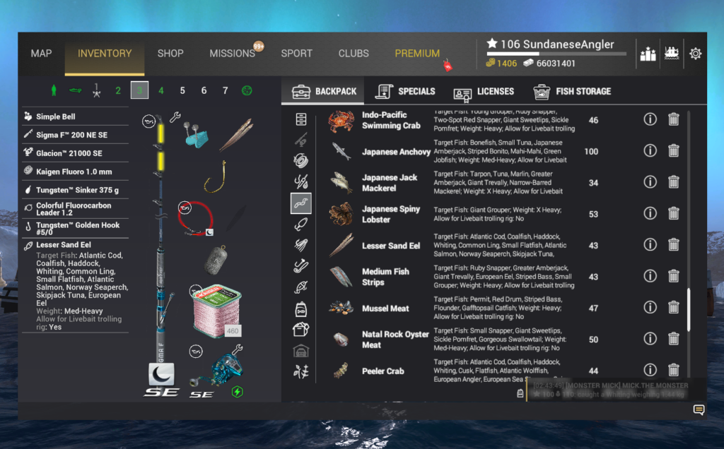 Light bottom rig inventory for Haddock in Fishing Planet showing Sigma F 200 NE SE and Lesser Sand Eel
