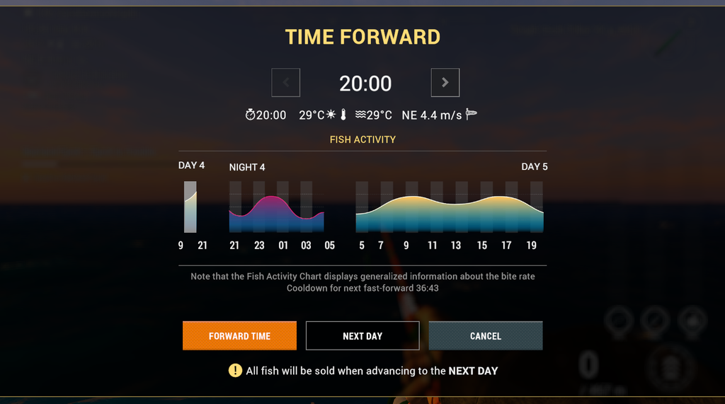 Fish activity chart at Noomaa Kuda Atholhu in Fishing Planet showing day and night bite rate