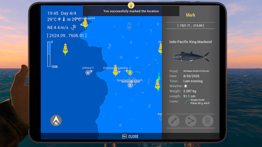 Noomaa Kuda Atholhu map showing Indo-Pacific King Mackerel catch location in Fishing Planet