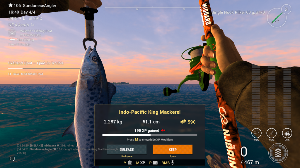 Indo-Pacific King Mackerel catch in Fishing Planet showing 590 coins and 195 XP at Noomaa Kuda Atholhu