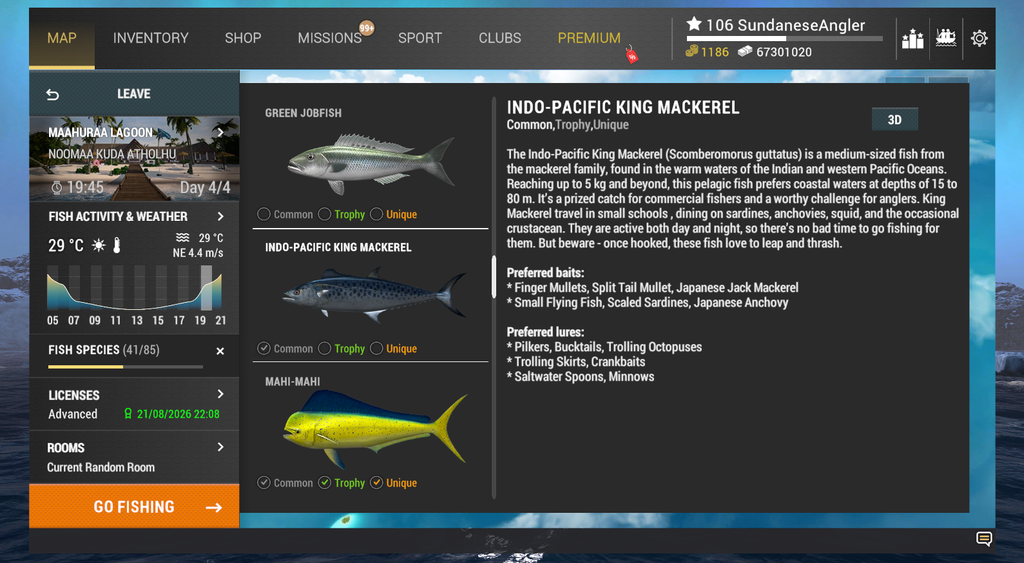Indo-Pacific King Mackerel in-game info and preferred baits and lures in Fishing Planet