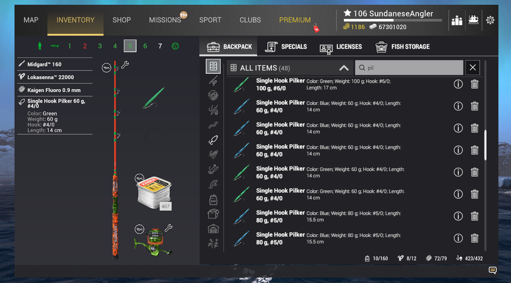 Pilker jigging rig for Indo-Pacific King Mackerel in Fishing Planet showing Midgard 160 and Single Hook Pilker