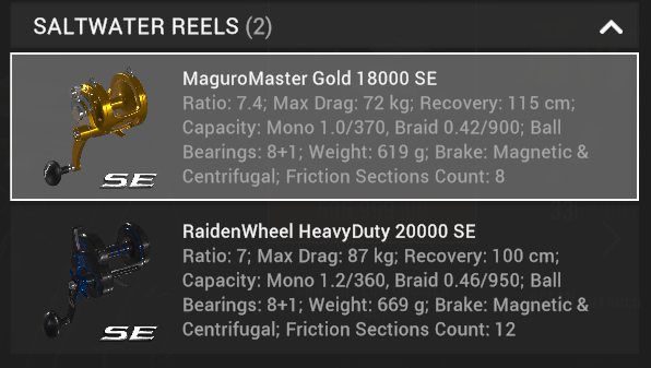 Japan Odyssey Pack saltwater reels MaguroMaster Gold 18000 SE and RaidenWheel HeavyDuty 20000 SE in Fishing Planet