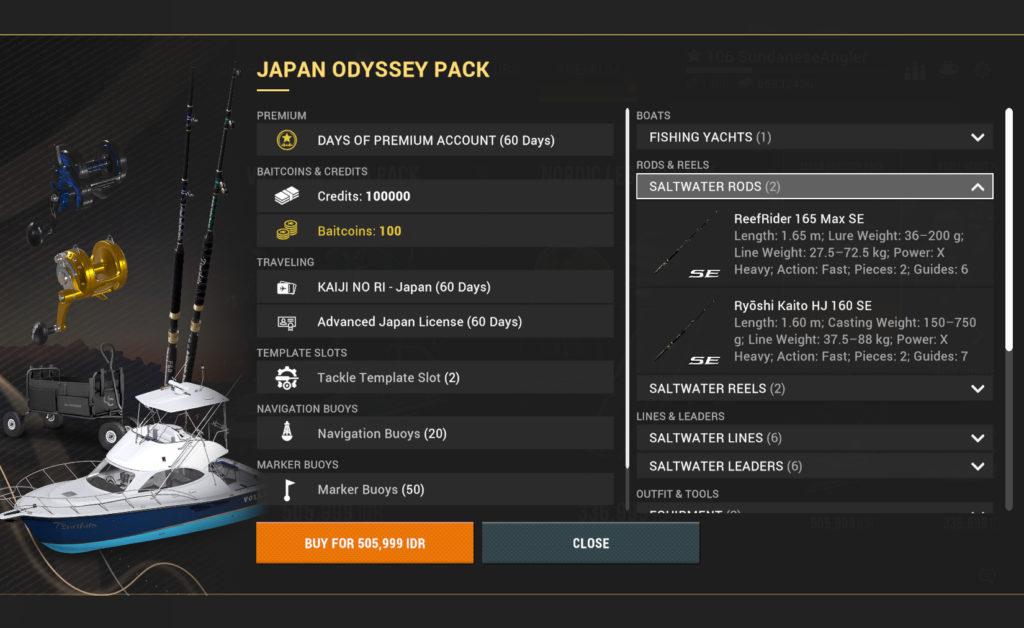 Japan Odyssey Pack in Fishing Planet showing ReefRider 165 Max SE and Ryoshi Kaito HJ 160 SE saltwater rods