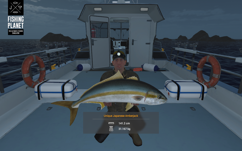 Japanese Amberjack boatside showing the bright gold lateral stripe at Kaiji No Ri in Fishing Planet