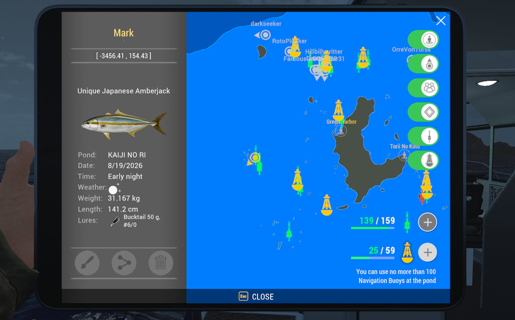 Kaiji No Ri map showing Japanese Amberjack catch location near Green Harbor in Fishing Planet