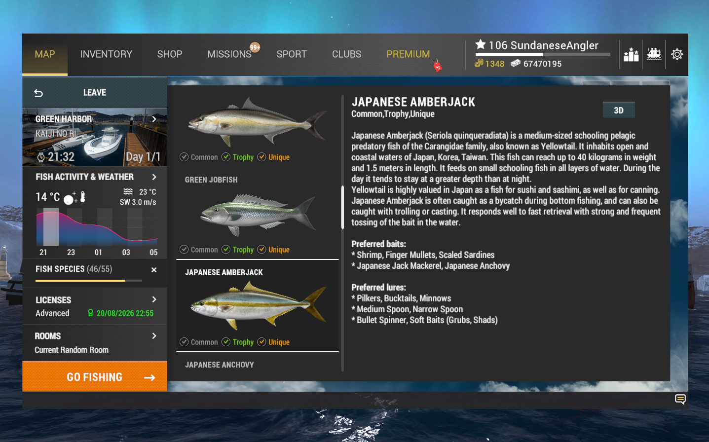 Japanese Amberjack in-game info and preferred lures in Fishing Planet at Kaiji No Ri