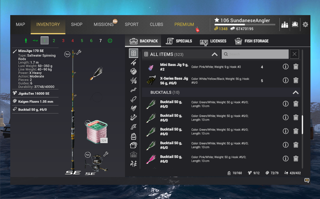 Casting rig inventory for Japanese Amberjack in Fishing Planet showing MizuJigu 170 SE and Bucktail lure