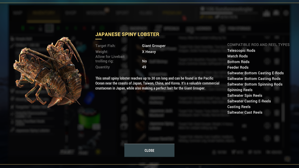 Japanese Spiny Lobster bait detail in Fishing Planet for catching Giant Grouper