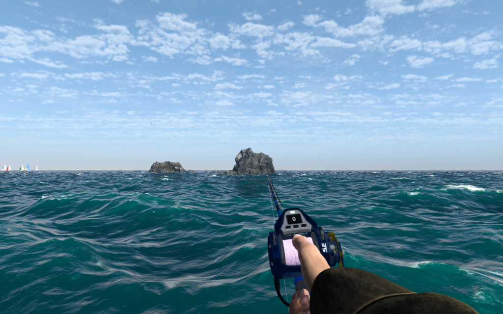 First-person view casting a bottom rig toward two large rocks at Kaiji No Ri in Fishing Planet