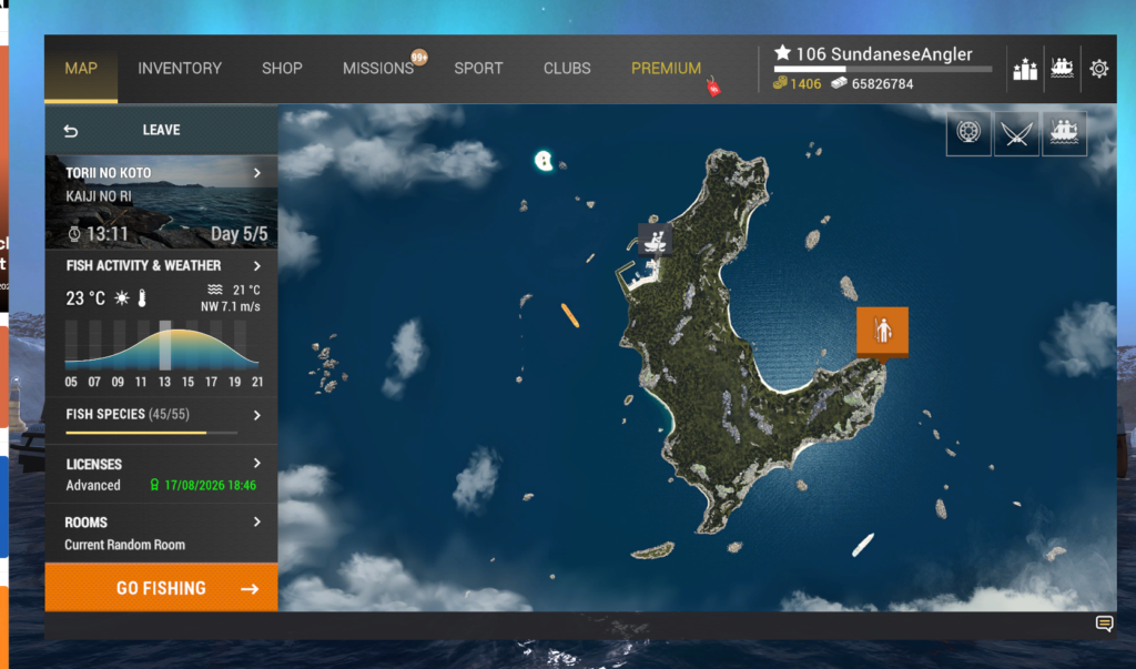 Torii No Koto shore fishing spot selected on the Kaiji No Ri map in Fishing Planet
