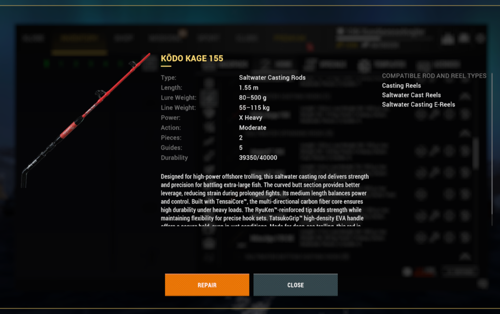 Kodo Kage 155 saltwater casting rod detail in Fishing Planet for offshore trolling