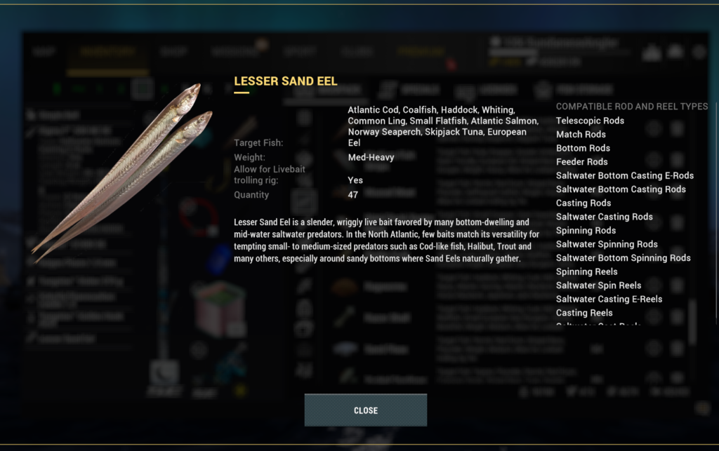 Lesser Sand Eel live bait detail in Fishing Planet inventory