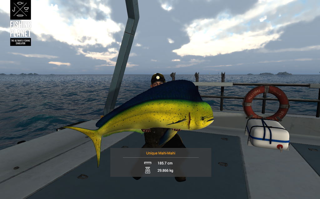 Mahi-Mahi boatside showing its bright green and gold colour at Kaiji No Ri in Fishing Planet