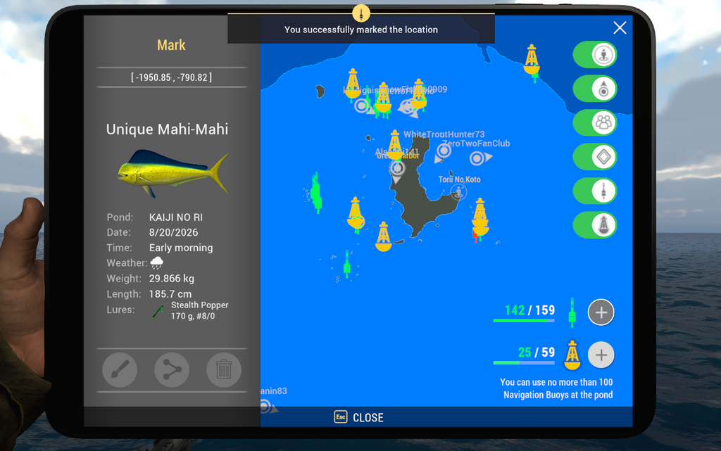 Kaiji No Ri map showing Mahi-Mahi catch location near Green Harbor in Fishing Planet