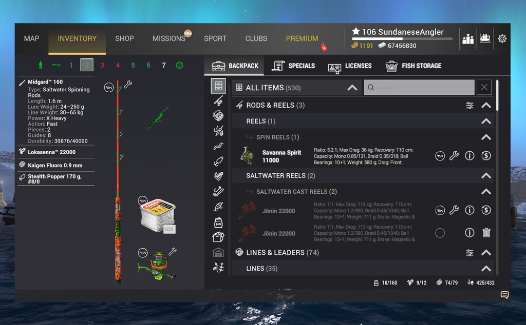 Topwater popper rig inventory for Mahi-Mahi in Fishing Planet showing Midgard 160 and Stealth Popper