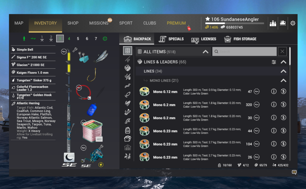 Bottom rig for Meagre in Fishing Planet with Sigma F 200 NE SE rod, hook 7/0, and Atlantic Herring bait