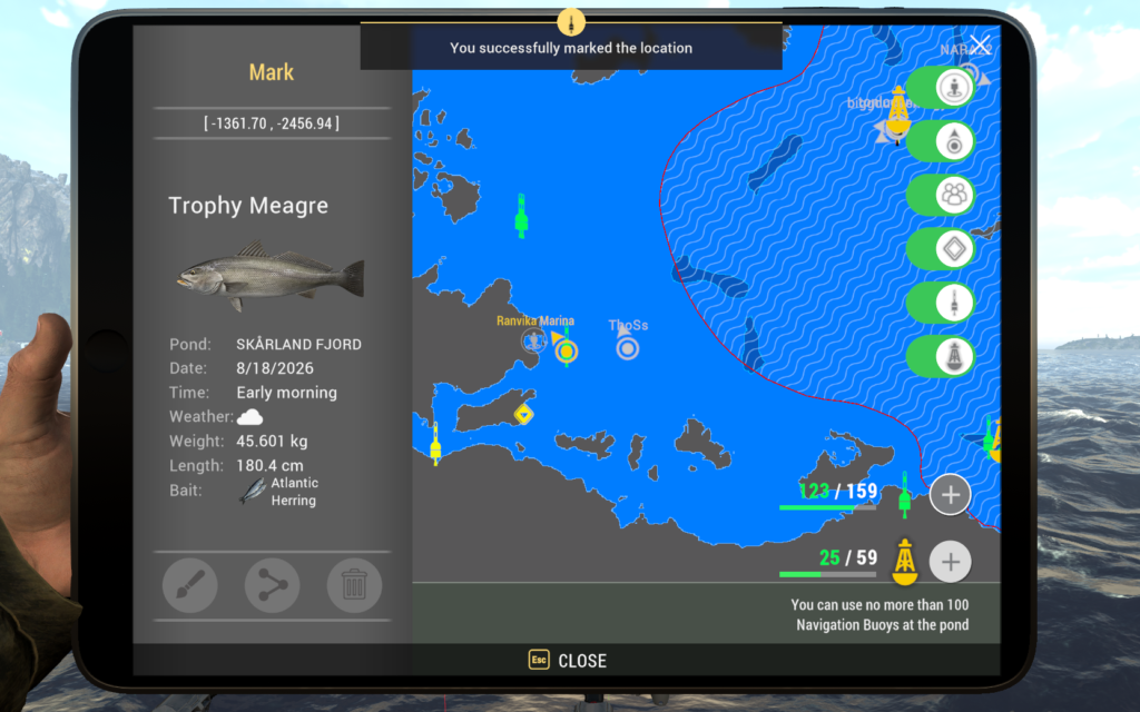 Skarland Fjord GPS marker showing Trophy Meagre catch coordinates in Fishing Planet