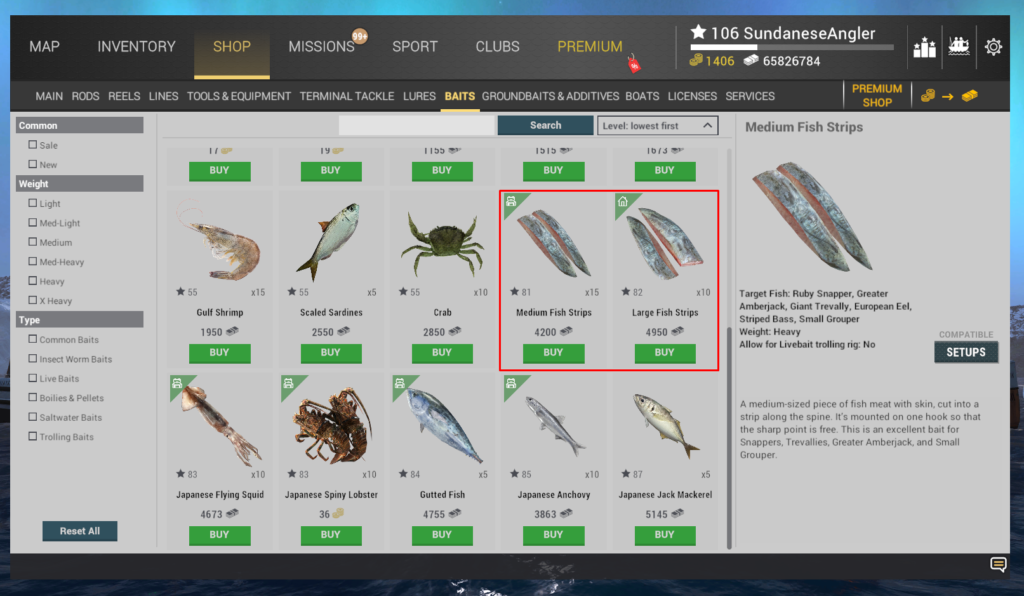 Medium Fish Strips and Large Fish Strips bait in the Fishing Planet shop