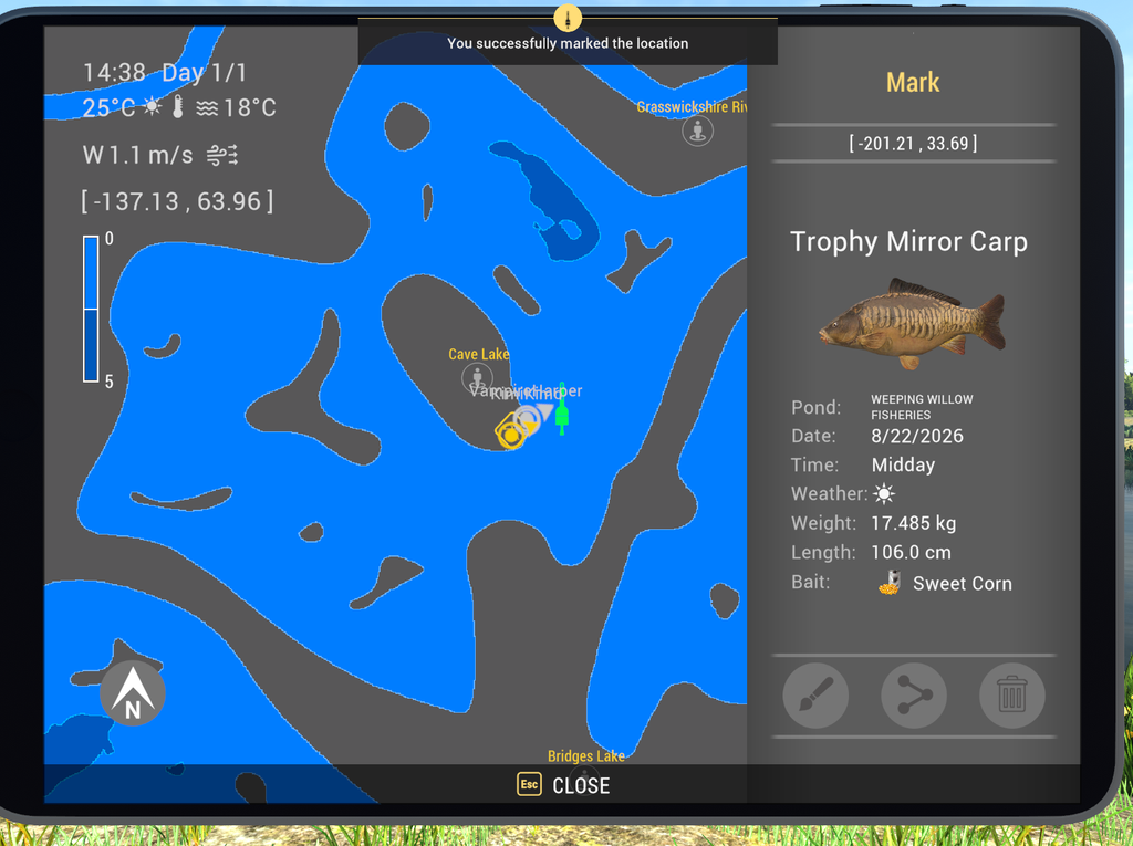 Cave Lake map with marker showing Mirror Carp catch coordinates in Fishing Planet at Weeping Willow Fisheries