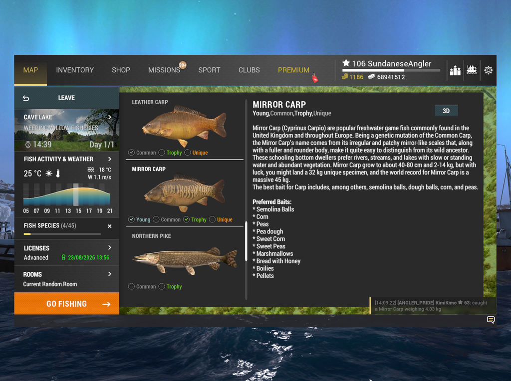 Mirror Carp in-game info and preferred baits in Fishing Planet at Weeping Willow Fisheries