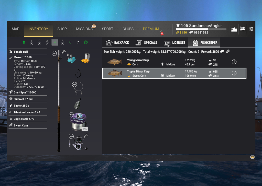 Bottom rig inventory for Mirror Carp in Fishing Planet showing Mokonzi 360 rod and Sweet Corn