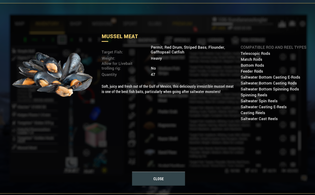 Mussel Meat bait detail in Fishing Planet inventory