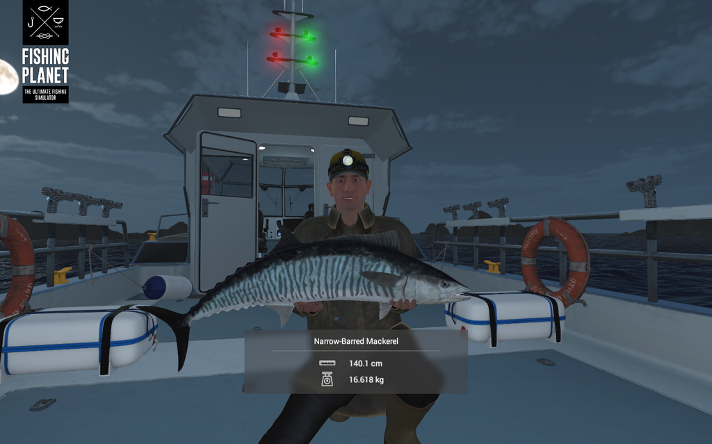 Narrow-Barred Mackerel boatside showing its sharp teeth and barred flank at Kaiji No Ri in Fishing Planet