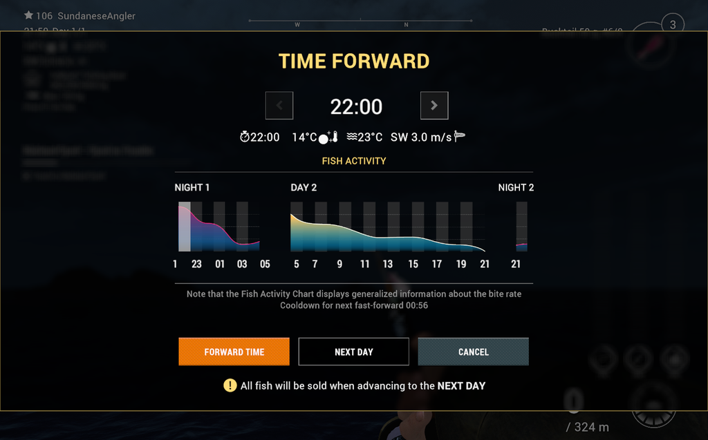 Fish activity chart at Kaiji No Ri in Fishing Planet showing night and day bite rate