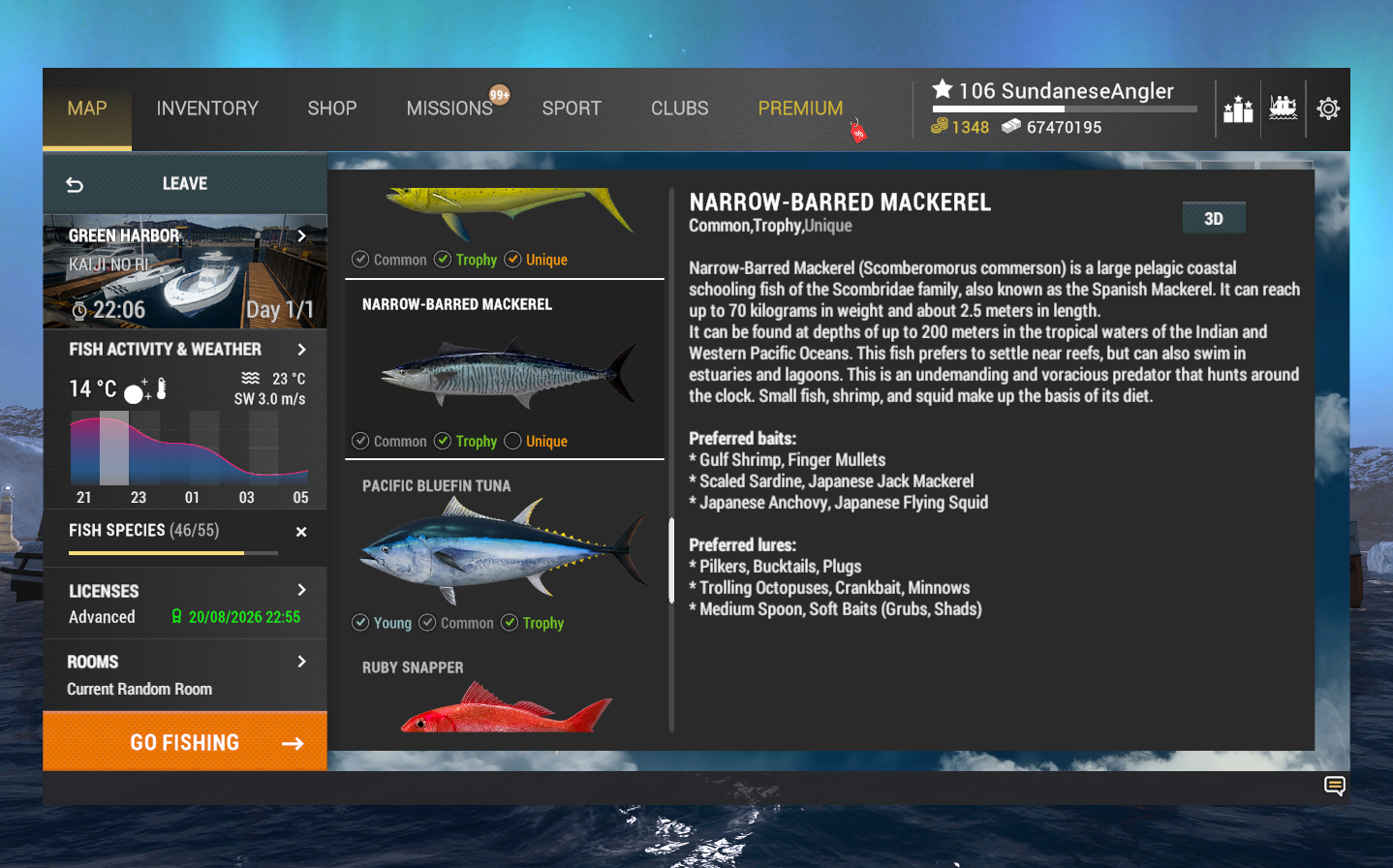 Narrow-Barred Mackerel in-game info and preferred lures in Fishing Planet at Kaiji No Ri"