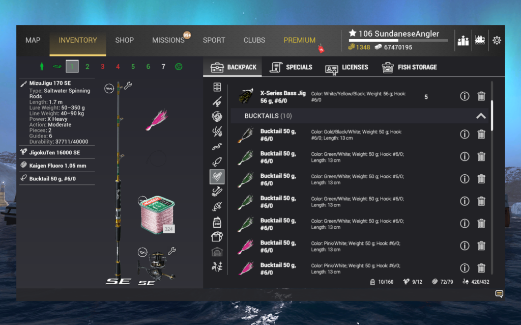 Casting rig inventory for Narrow-Barred Mackerel in Fishing Planet showing MizuJigu 170 SE and Bucktail lure