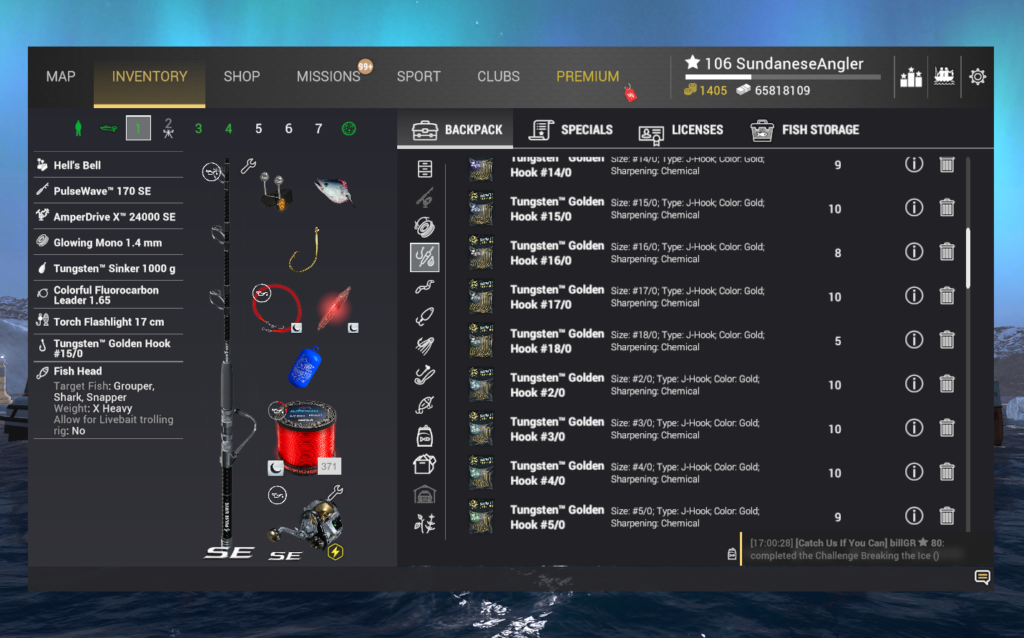 Heavy bottom rig for Porbeagle Shark in Fishing Planet with PulseWave 170 SE, hook 15/0, and Fish Head bait