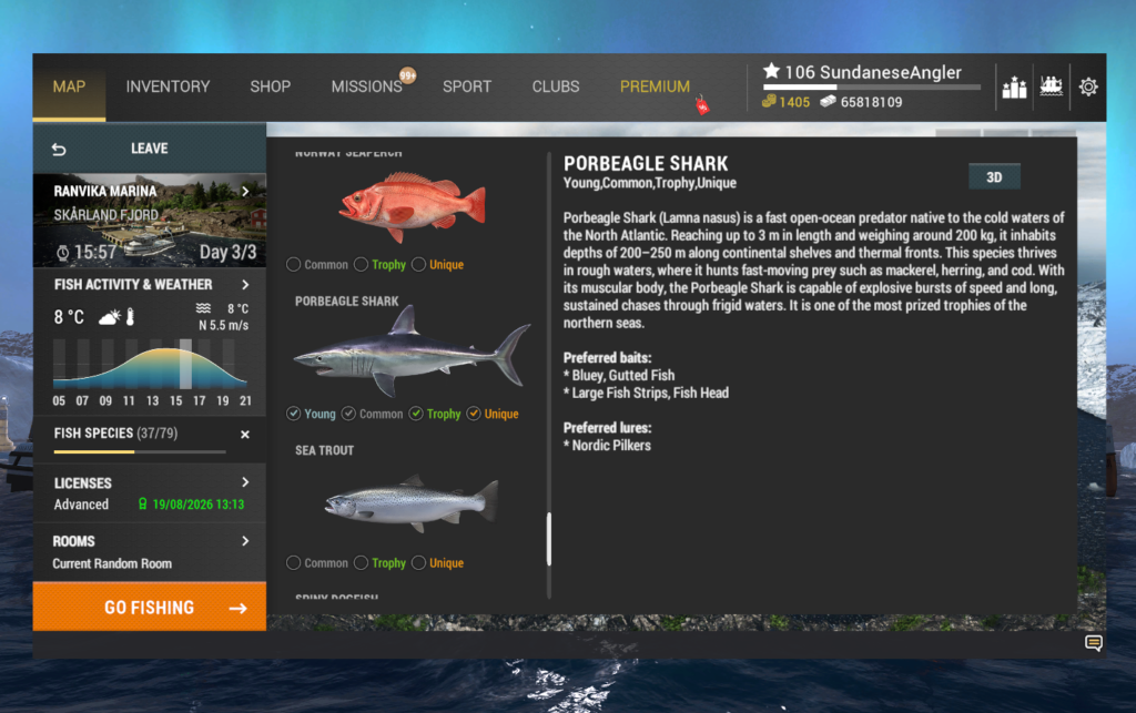 Porbeagle Shark in-game info and preferred baits in Fishing Planet at Skarland Fjord