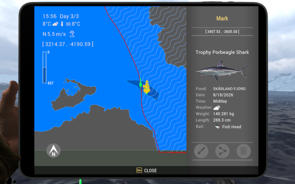 Skarland Fjord GPS marker showing Trophy Porbeagle Shark catch coordinates in Fishing Planet