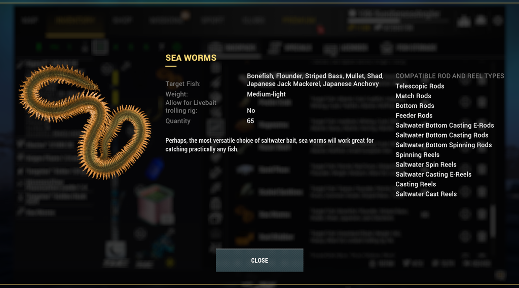Sea Worms bait detail in Fishing Planet, described as the most versatile saltwater bait