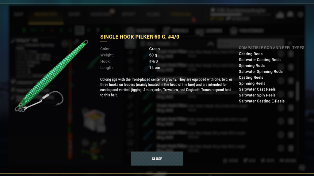 Single Hook Pilker 60 g lure detail in Fishing Planet for casting and vertical jigging