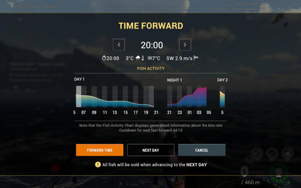 Fish activity chart in Fishing Planet showing early morning peak at Skarland Fjord