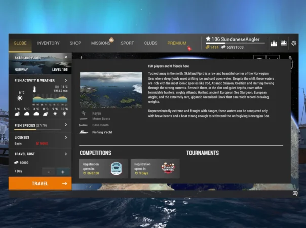 Skarland Fjord Norway location screen in Fishing Planet showing Level 105 travel cost and fish activity