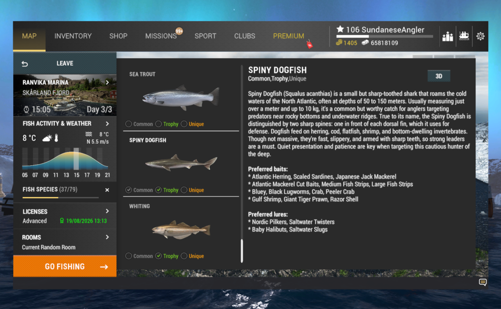 Spiny Dogfish in-game info and preferred baits in Fishing Planet at Skarland Fjord