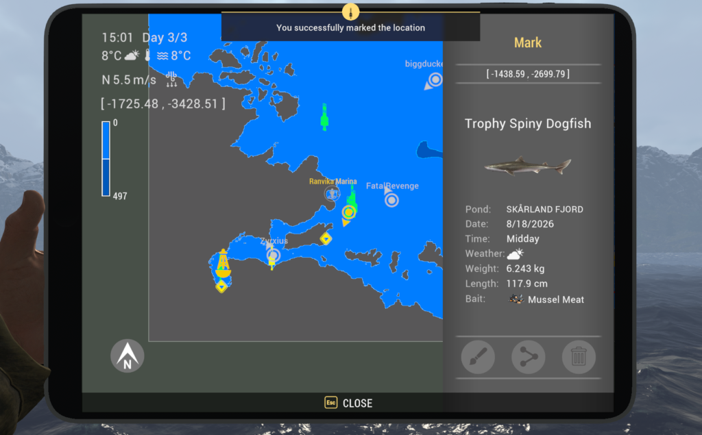 Skarland Fjord GPS marker showing Trophy Spiny Dogfish catch coordinates in Fishing Planet