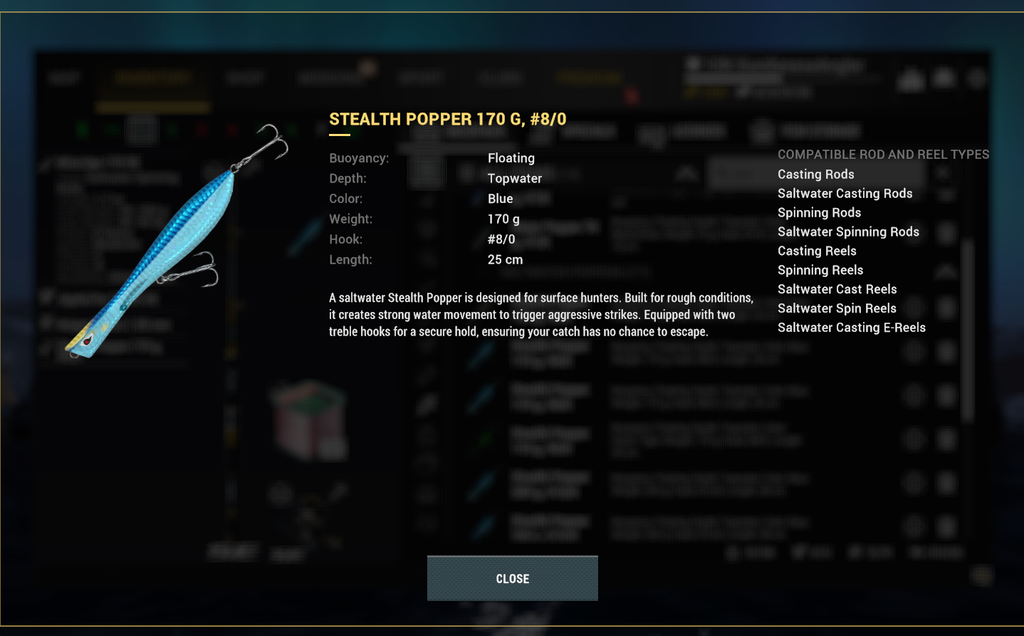 Stealth Popper 170g topwater lure detail in Fishing Planet for surface hunters