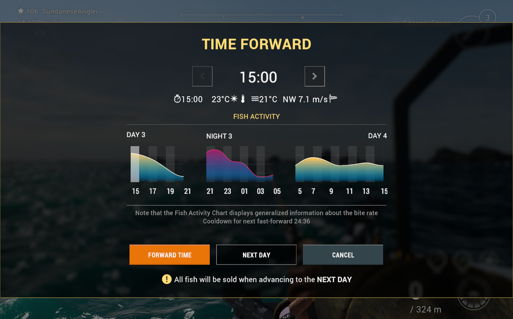 Fish activity chart at Kaiji No Ri in Fishing Planet showing bite rate through day and night
