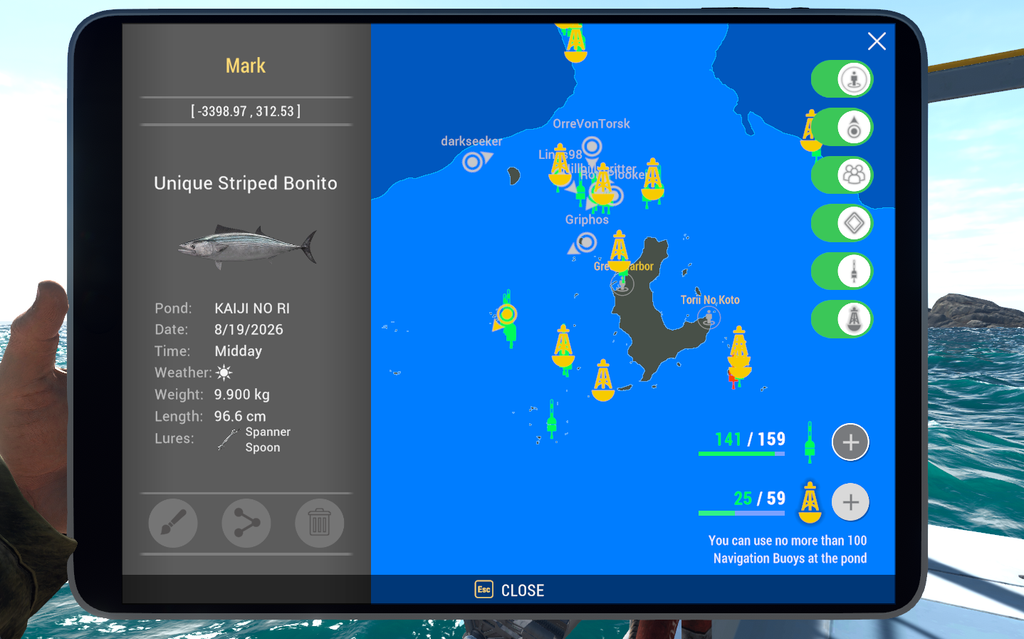 Kaiji No Ri map showing Striped Bonito catch location near Green Harbor in Fishing Planet