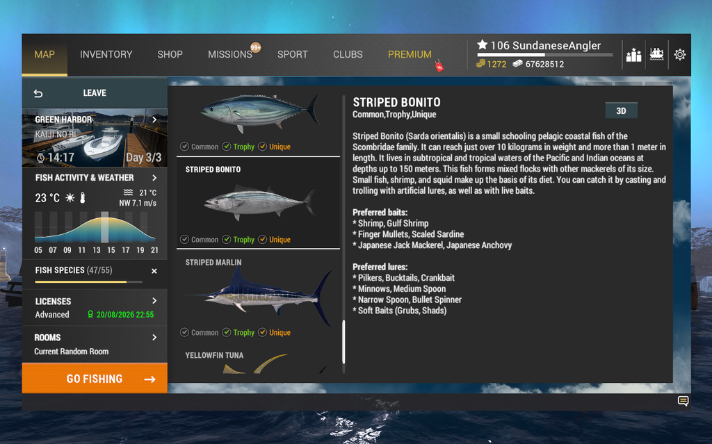 Striped Bonito in-game info and preferred lures in Fishing Planet at Kaiji No Ri
