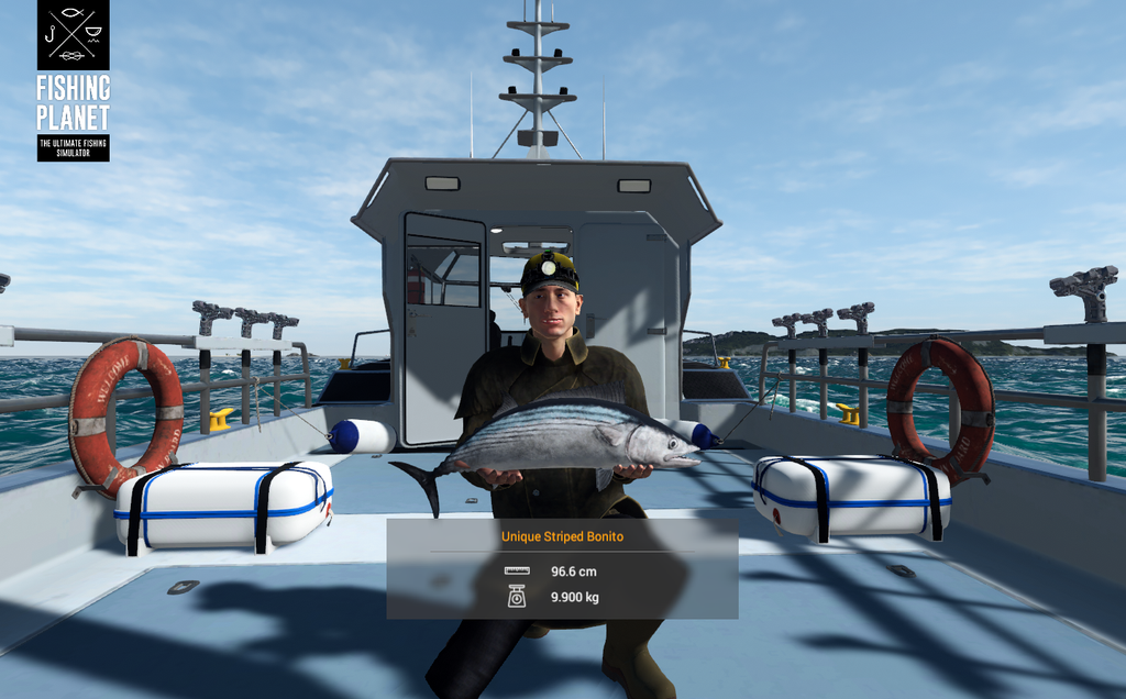 Striped Bonito lifted beside the reel with reef islands behind at Kaiji No Ri in Fishing Planet