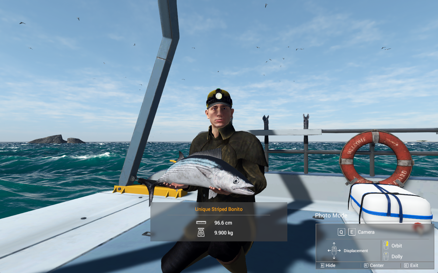 Unique Striped Bonito held on the boat deck at Kaiji No Ri in Fishing Planet, 96.6 cm and 9.900 kg